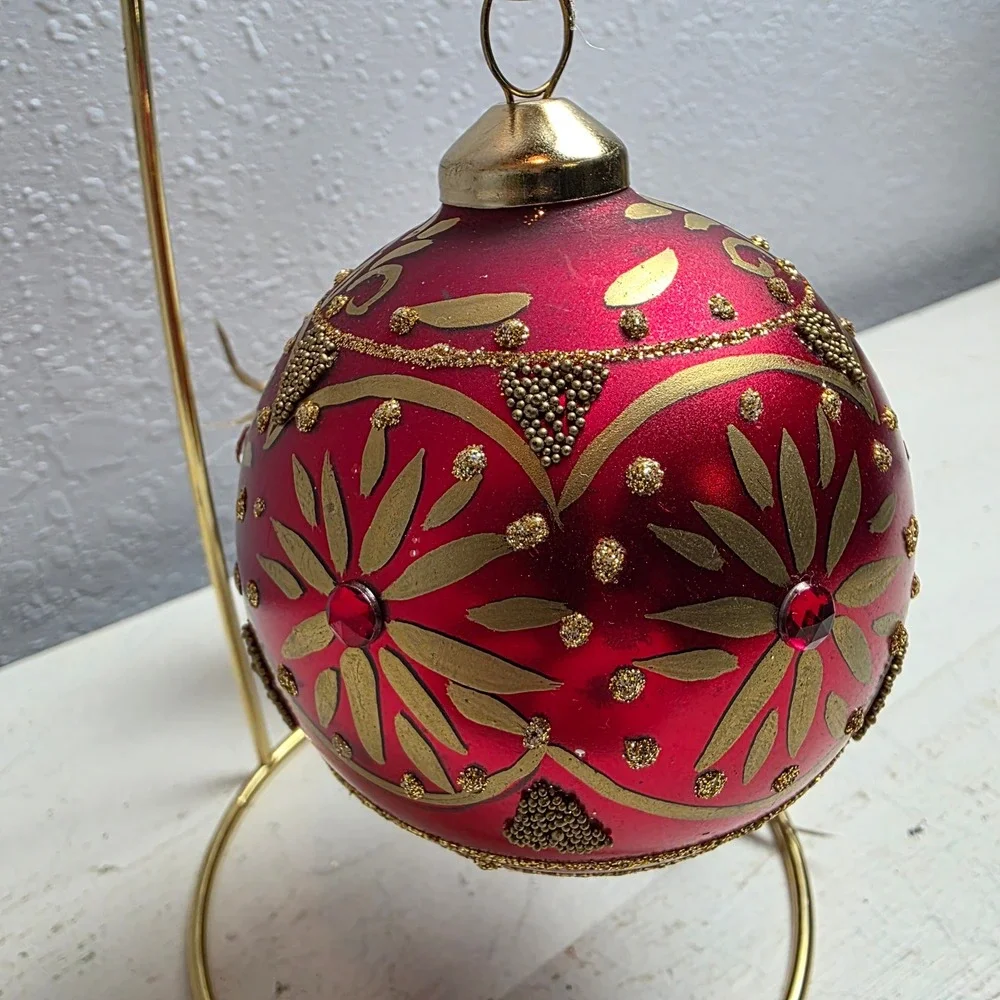 CLEARANCE 💲6️⃣ Red‎ Gold Beaded Christmas Ornament Holiday Decor Ball Glitter